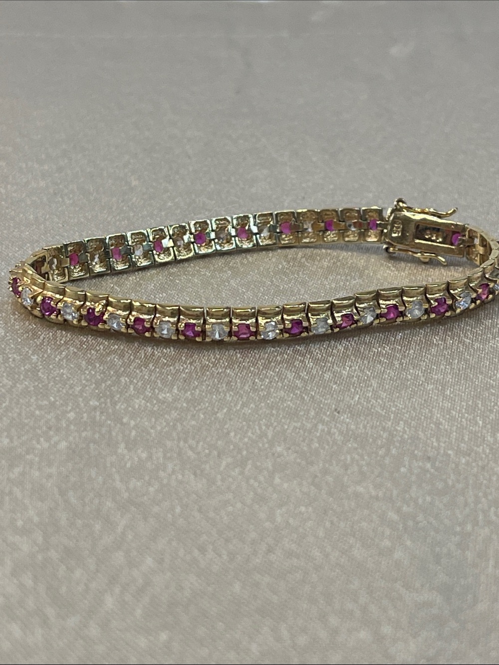 Vintage Sterling Silver Gold Plated Ruby ,white Glass Tennis Chain Link Bracelet